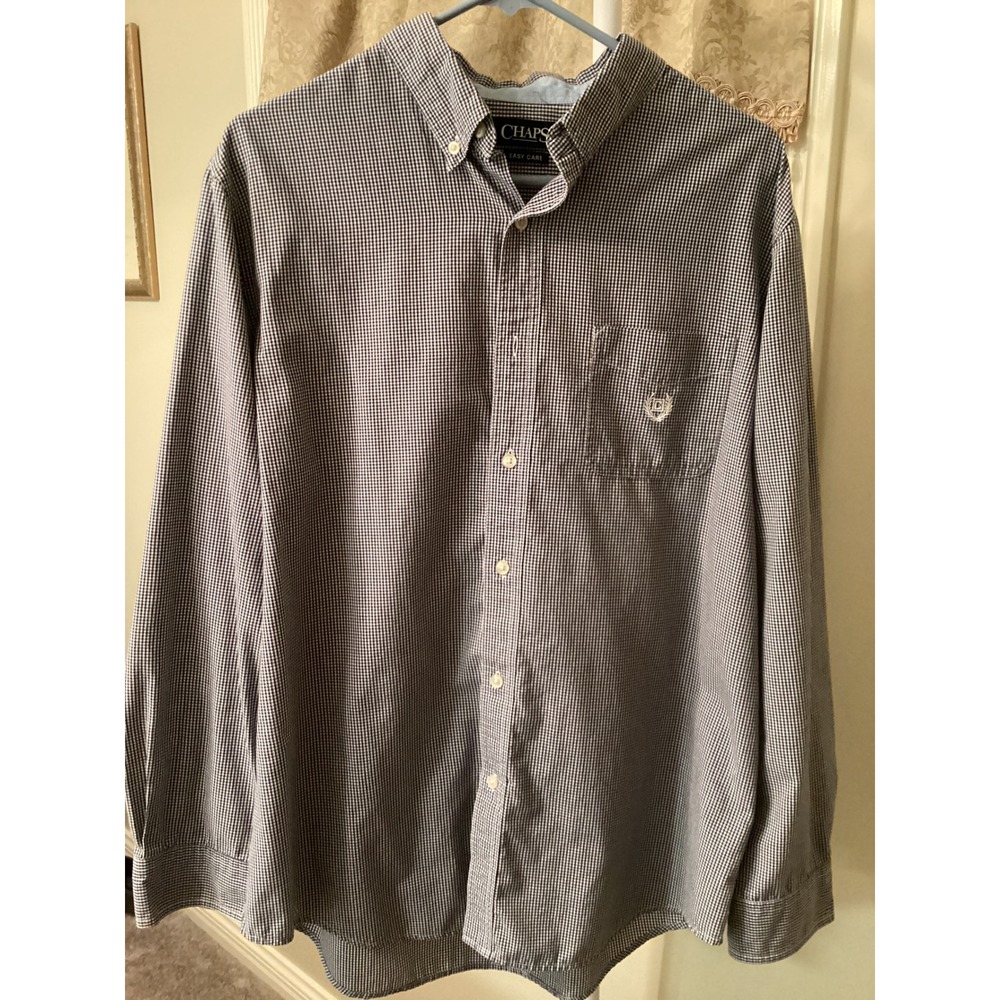 Chaps Mens Large Easy Care Gingham Button Down Shirt Navy Blue White Check L